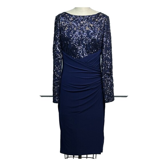 Lauren Ralph Lauren Blue Sequin Cocktail Dress Sheath Long Sleeve Ruched Skirt L - Picture 1 of 16